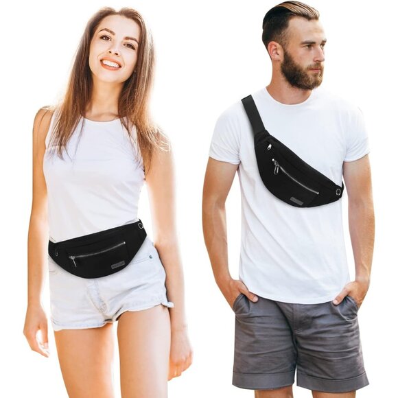 Women Men Black Washed Nylon With Silver Metal Zipper Hands-Free Waist Pack - Picture 2 of 6